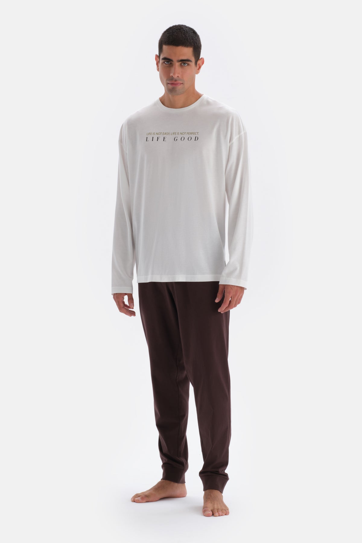 Ecru PRINT DETAILED LONG SLEEVE COTTON MODAL PAJAMAS SUIT