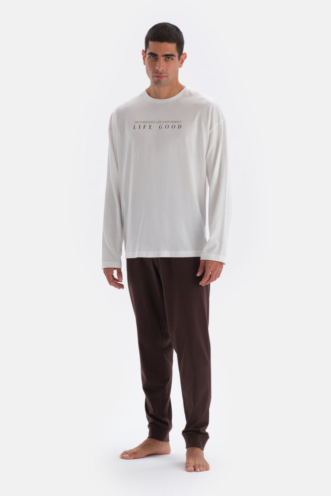 Ecru PRINT DETAILED LONG SLEEVE COTTON MODAL PAJAMAS SUIT