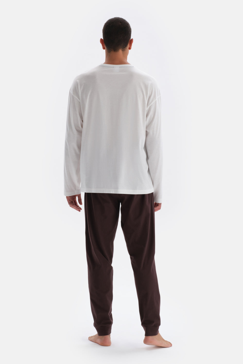 Ecru PRINT DETAILED LONG SLEEVE COTTON MODAL PAJAMAS SUIT
