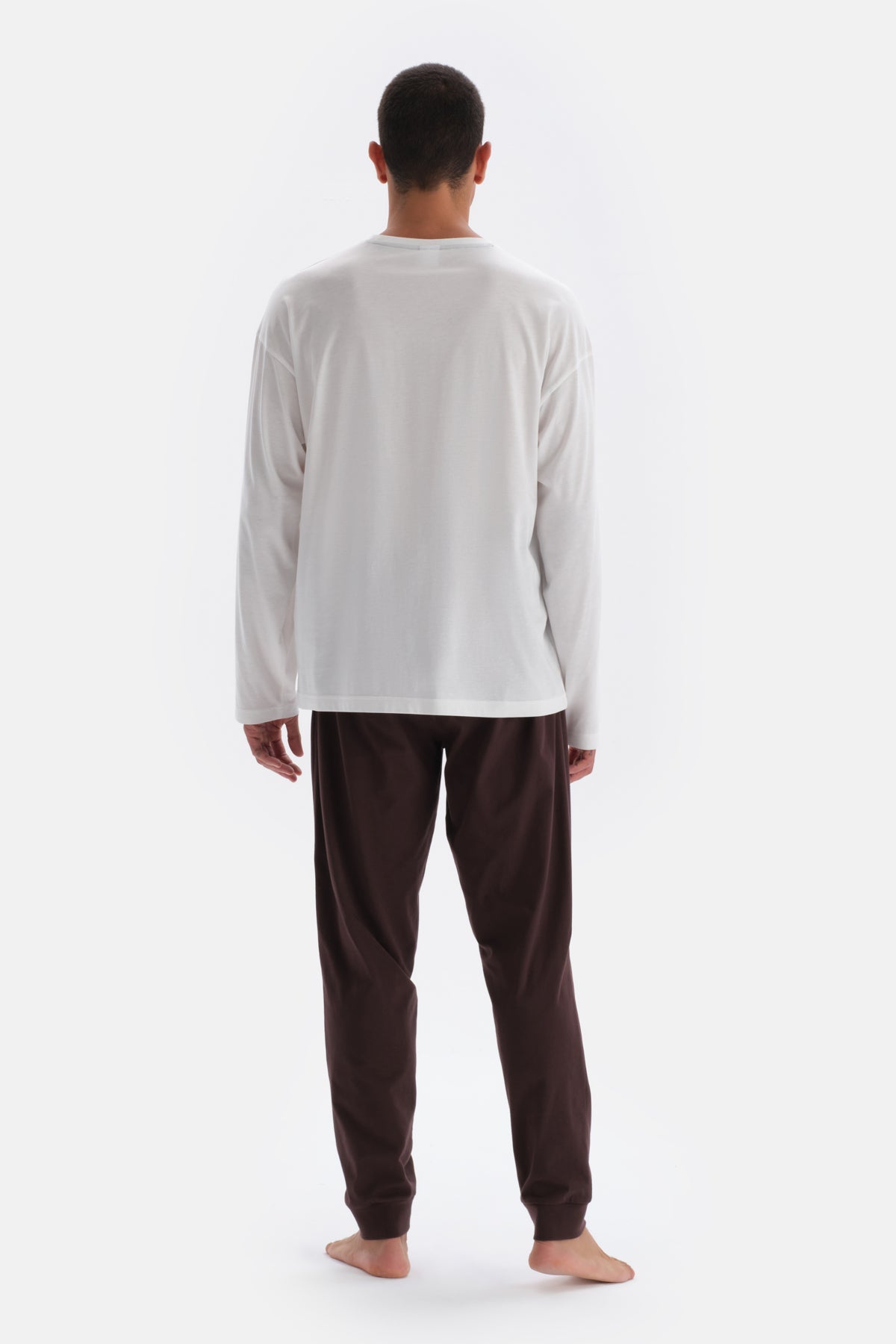 Ecru PRINT DETAILED LONG SLEEVE COTTON MODAL PAJAMAS SUIT