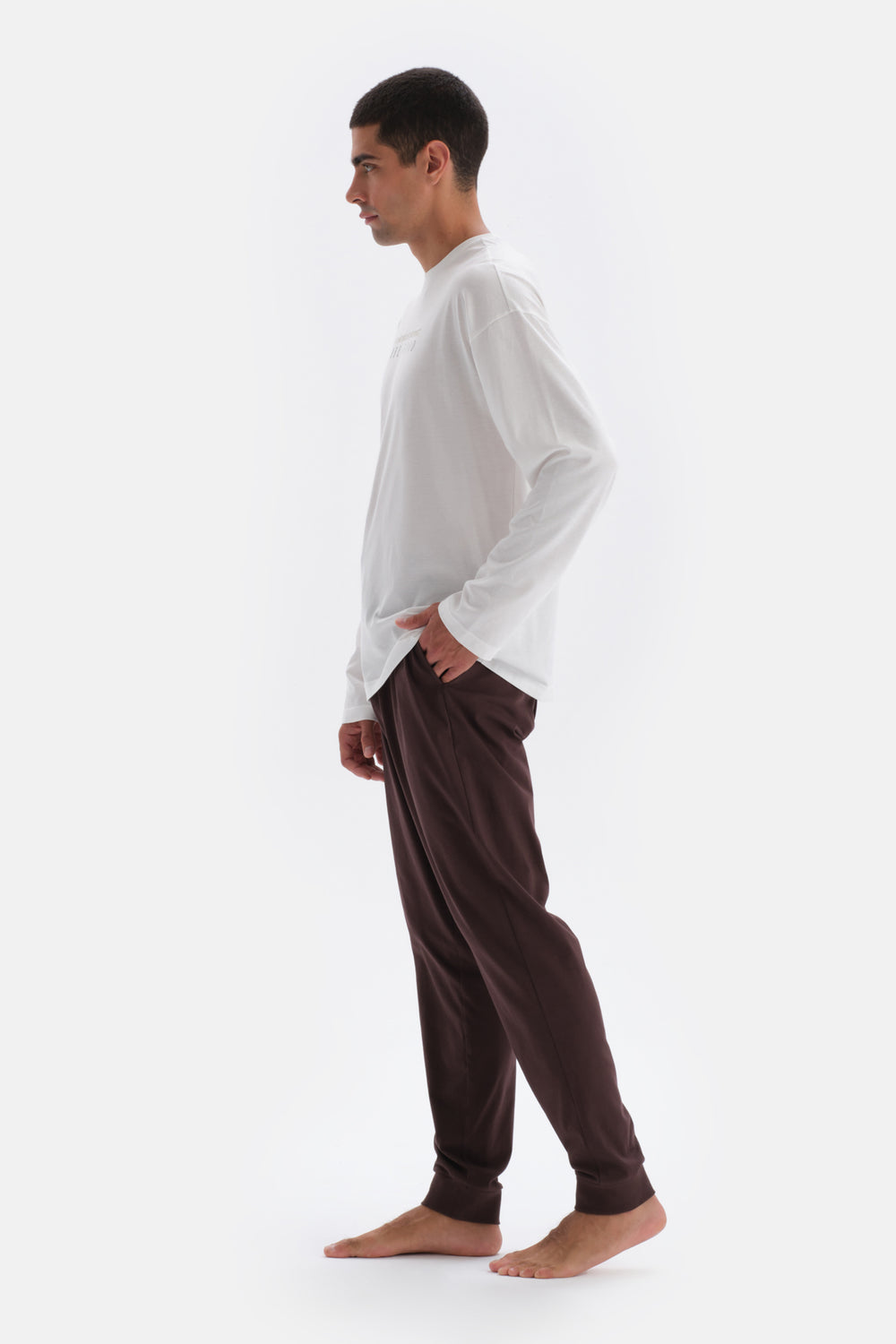 Ecru PRINT DETAILED LONG SLEEVE COTTON MODAL PAJAMAS SUIT