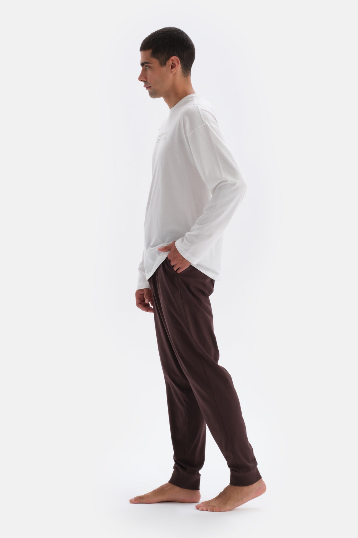 Ecru PRINT DETAILED LONG SLEEVE COTTON MODAL PAJAMAS SUIT