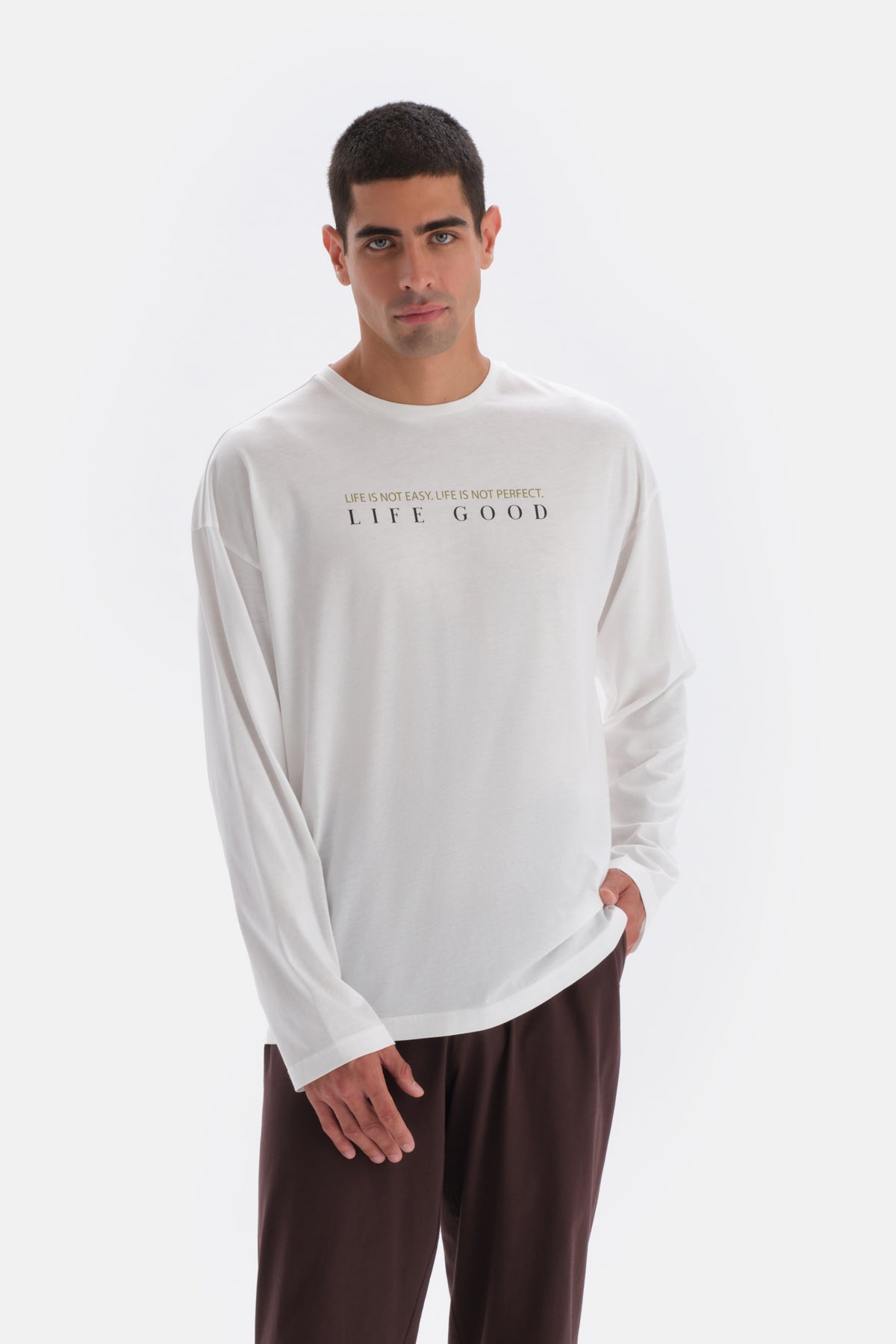 Ecru PRINT DETAILED LONG SLEEVE COTTON MODAL PAJAMAS SUIT