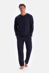 Lacivert Yarım Patlı Uzun Kollu Tişört Pantolon Pijama Takımı