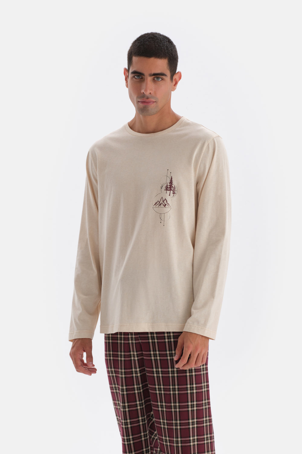 Ekru Bisiklet Yaka Uzun Kol Baskı Detaylı Pijama Üstü