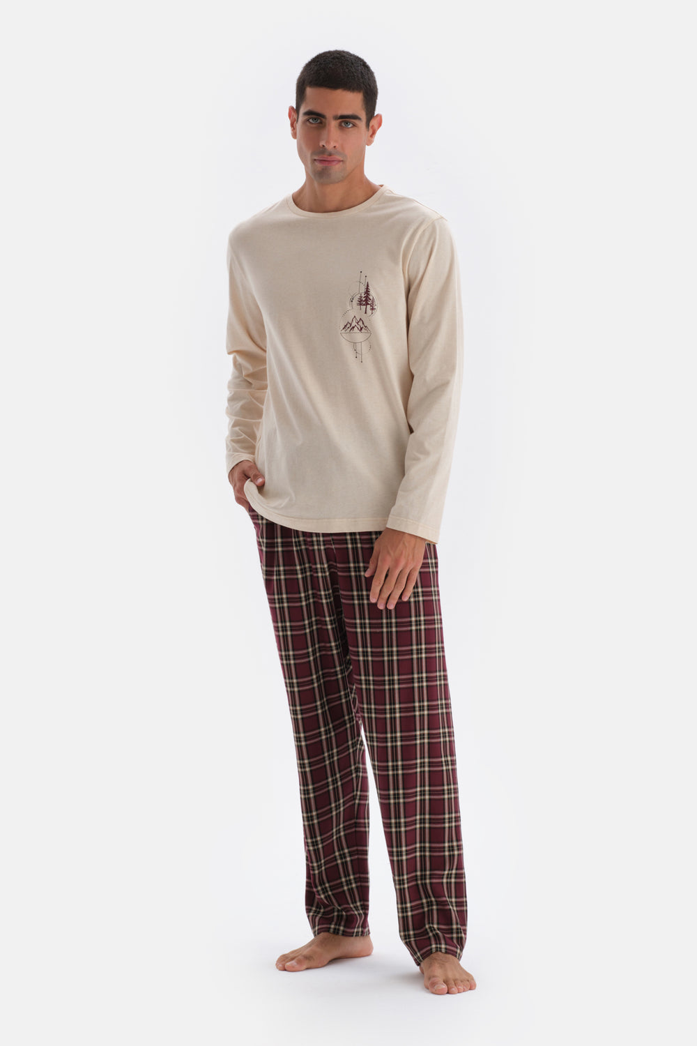 Ekru Bisiklet Yaka Uzun Kol Baskı Detaylı Pijama Üstü
