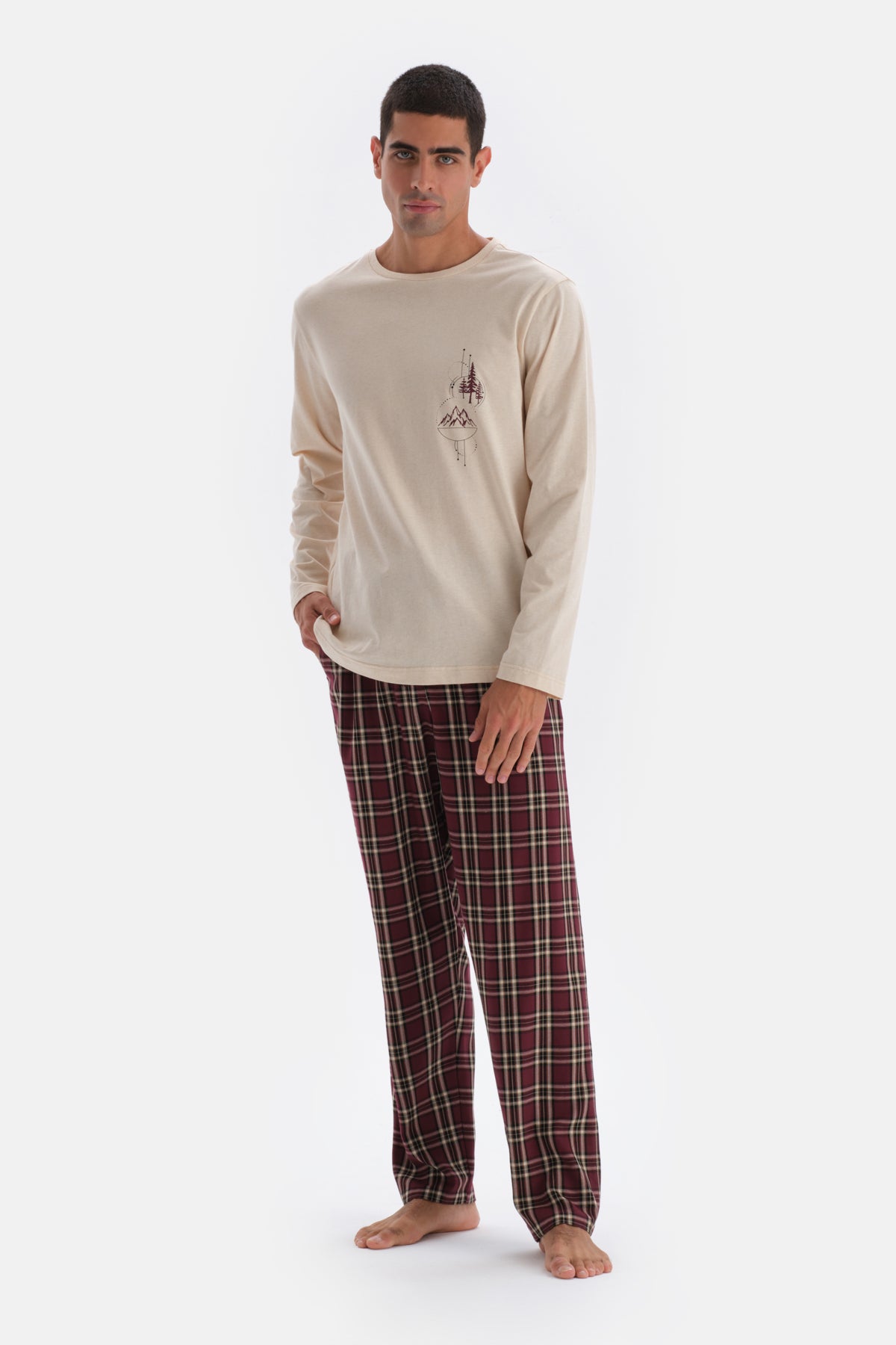 Ekru Bisiklet Yaka Uzun Kol Baskı Detaylı Pijama Üstü