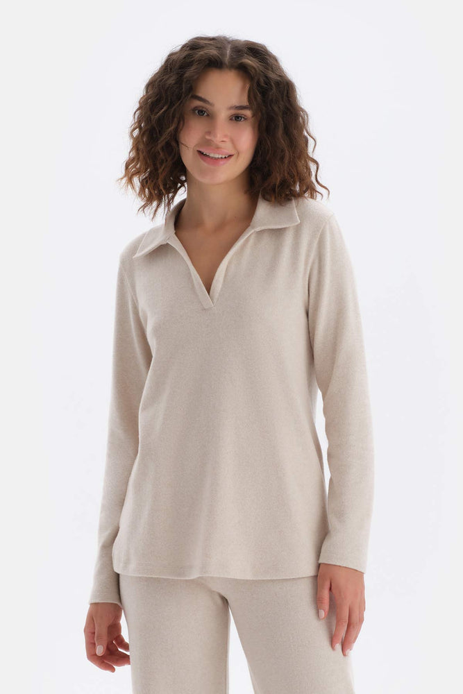 Bej Melanj Polo Yaka Uzun Kollu Sweatshirt