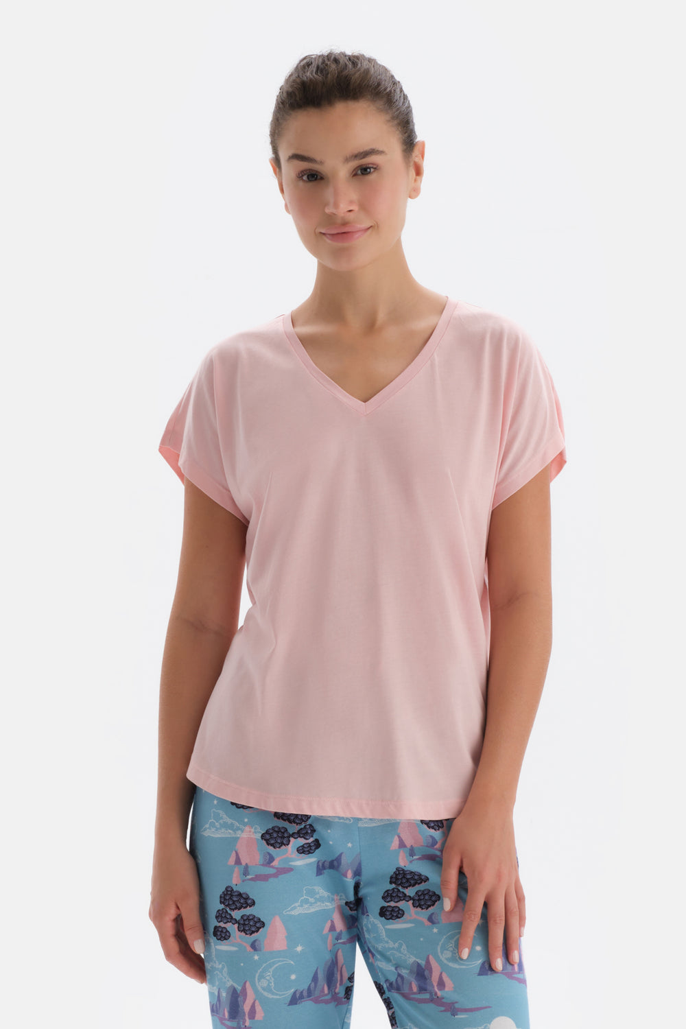 Light Pink V NECK SHORT SLEEVE PAJAMA TOP