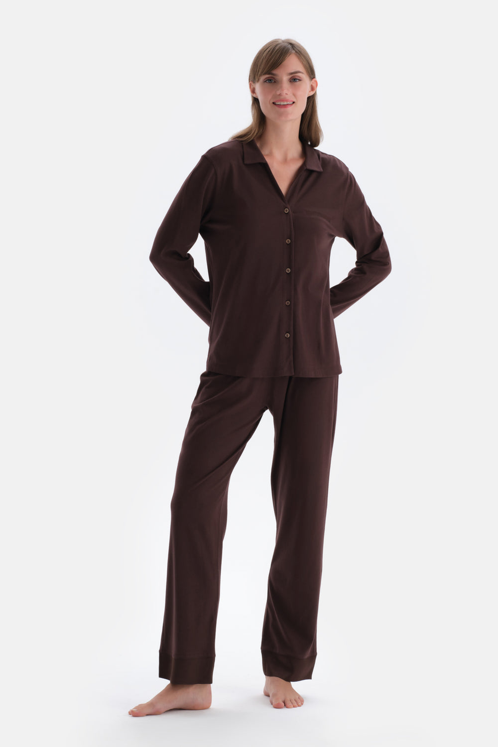 Dark Brown SATIN LEG DETAILED SHIRT PANTS PAJAMAS SUIT