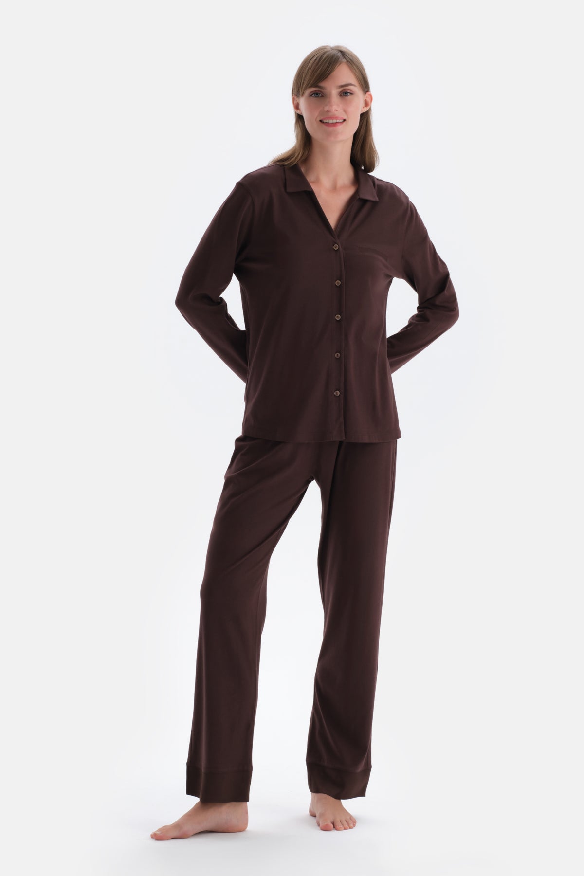 Dark Brown SATIN LEG DETAILED SHIRT PANTS PAJAMAS SUIT