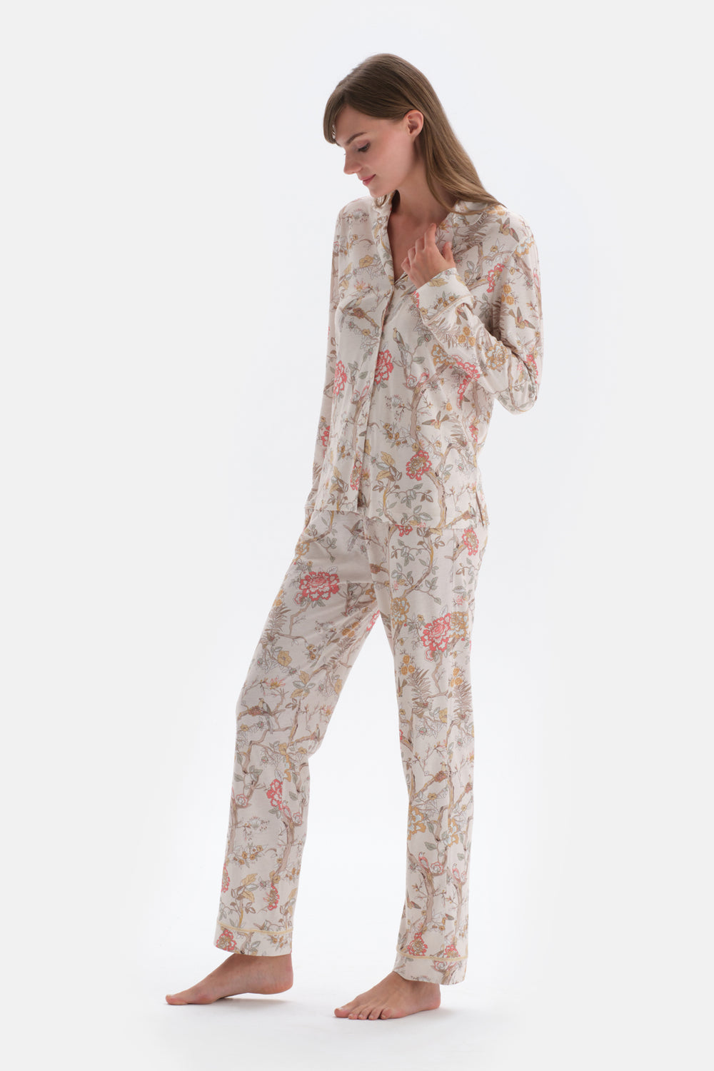 Ecru SIZE PRINTED SHIRT PANTS PAJAMAS SUIT
