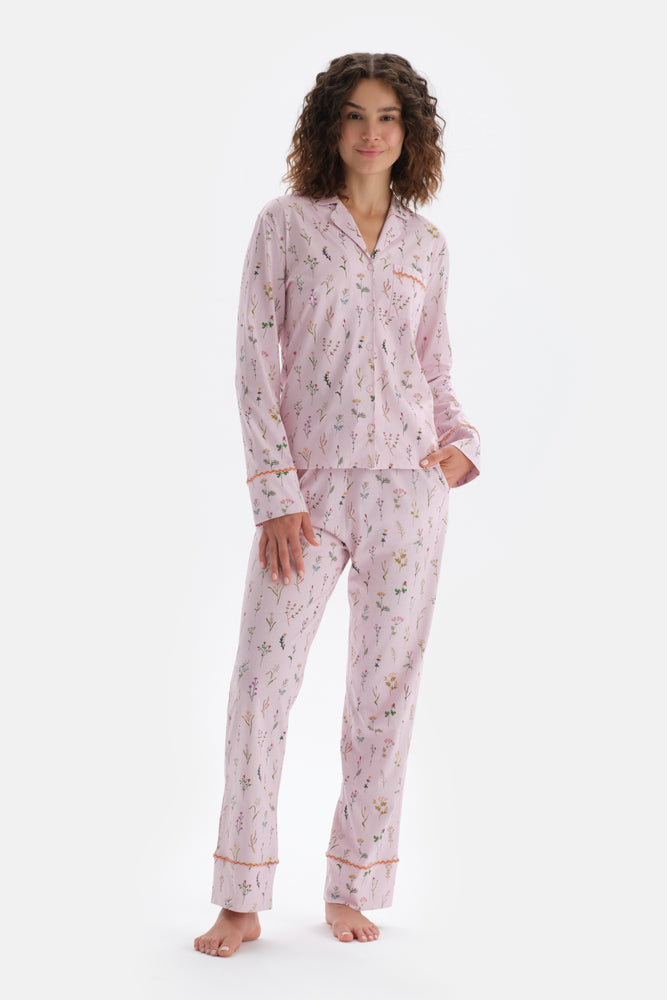 Light Pink TINY FLOWER PRINTED SHIRT PANTS PAJAMAS SUIT