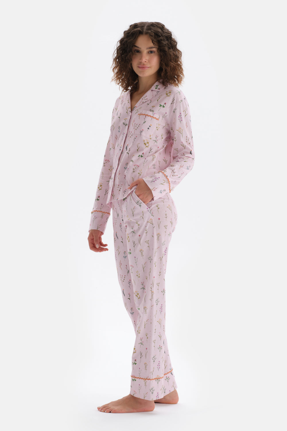 Light Pink TINY FLOWER PRINTED SHIRT PANTS PAJAMAS SUIT
