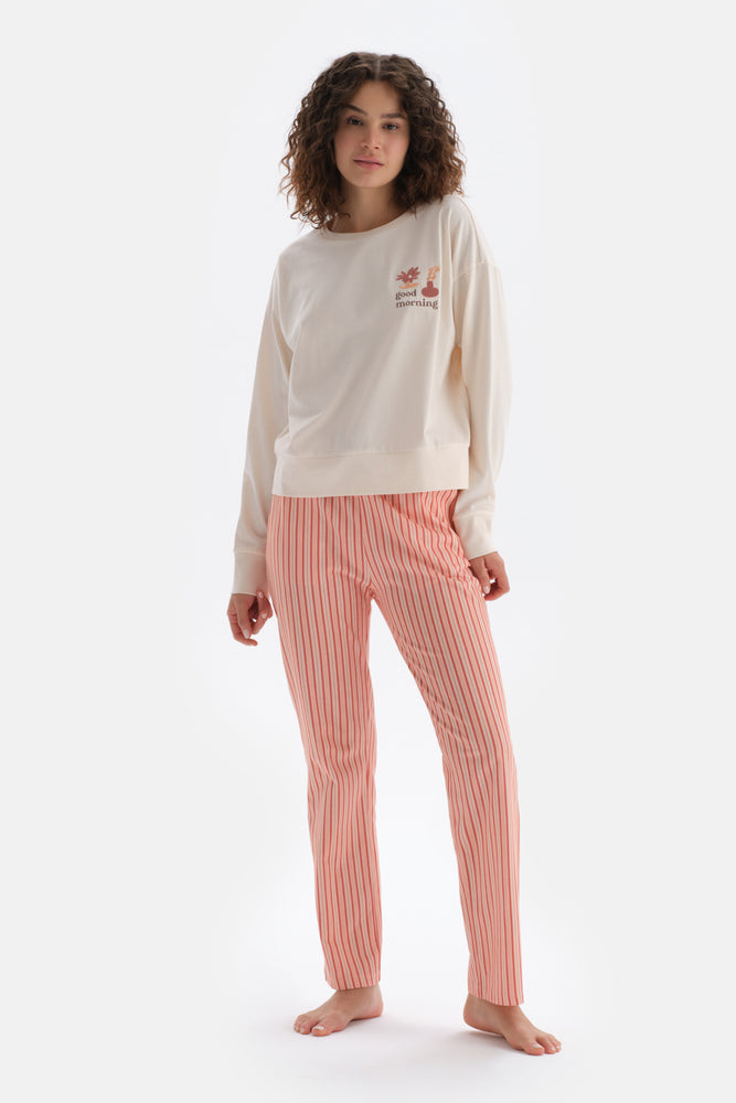 Ecru EMBROIDERY DETAILED LONG SLEEVE PAJAMAS SUIT