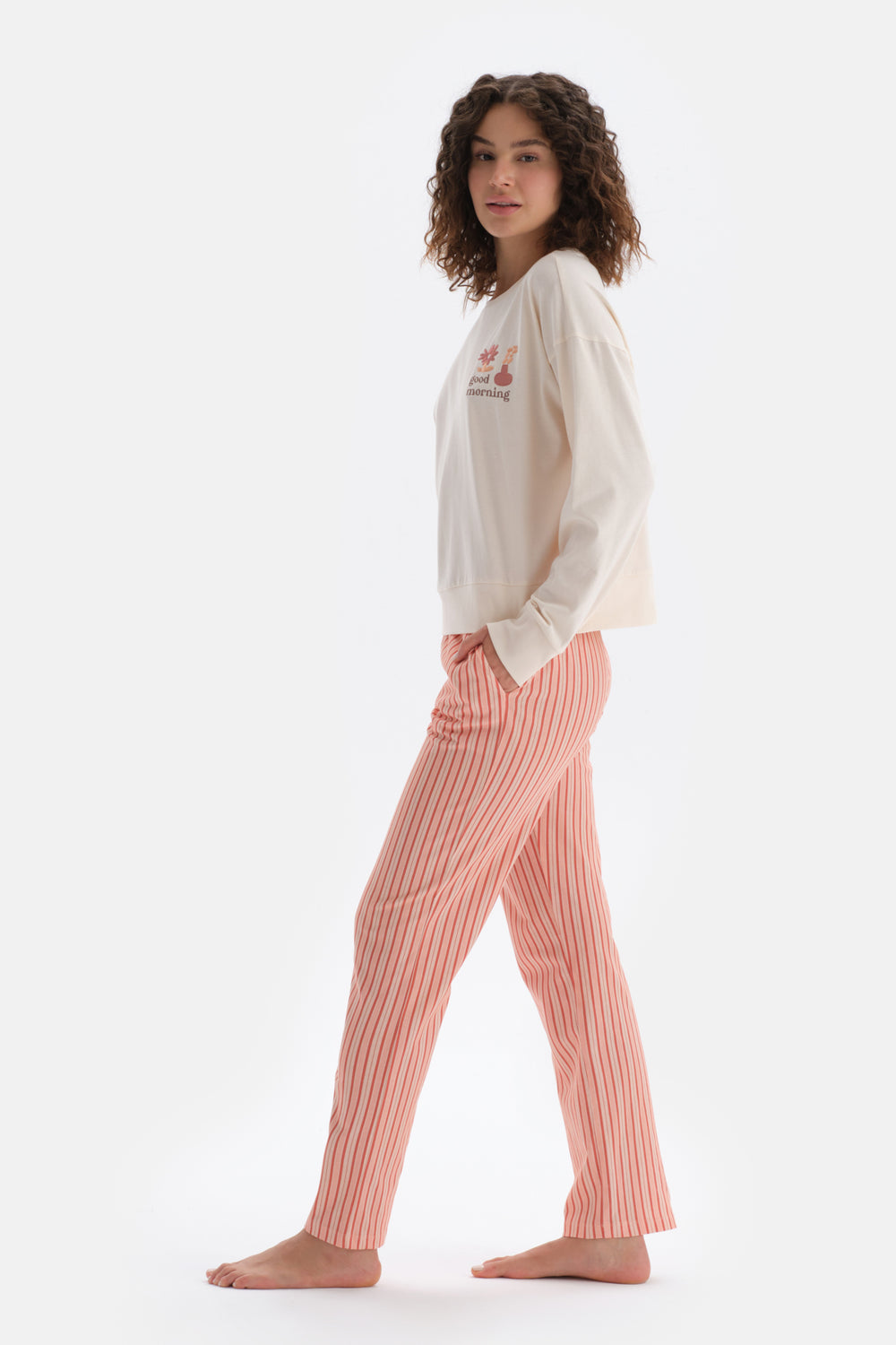 Ecru EMBROIDERY DETAILED LONG SLEEVE PAJAMAS SUIT