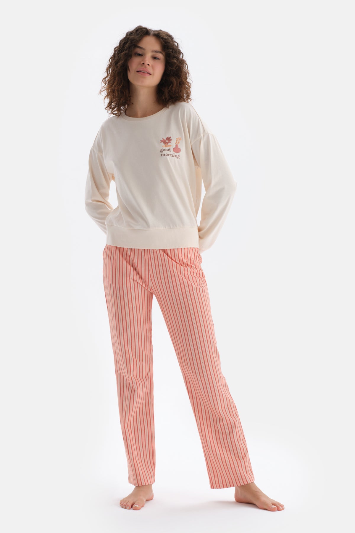 Ecru EMBROIDERY DETAILED LONG SLEEVE PAJAMAS SUIT