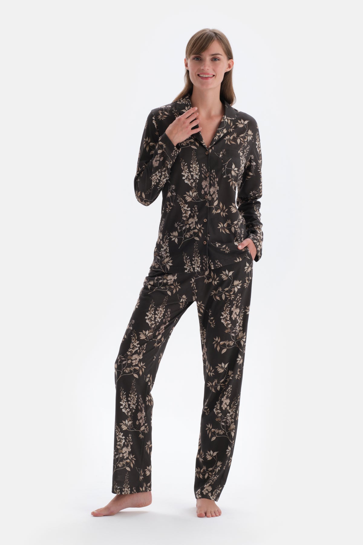 Koyu Kahve Metraj Baskılı Gömlek Pantolon Pijama Takımı