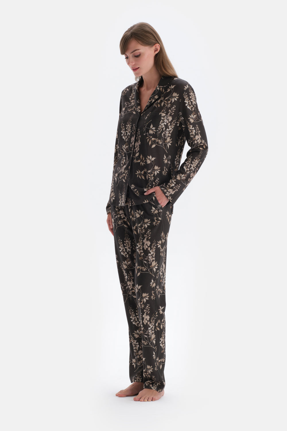 Koyu Kahve Metraj Baskılı Gömlek Pantolon Pijama Takımı