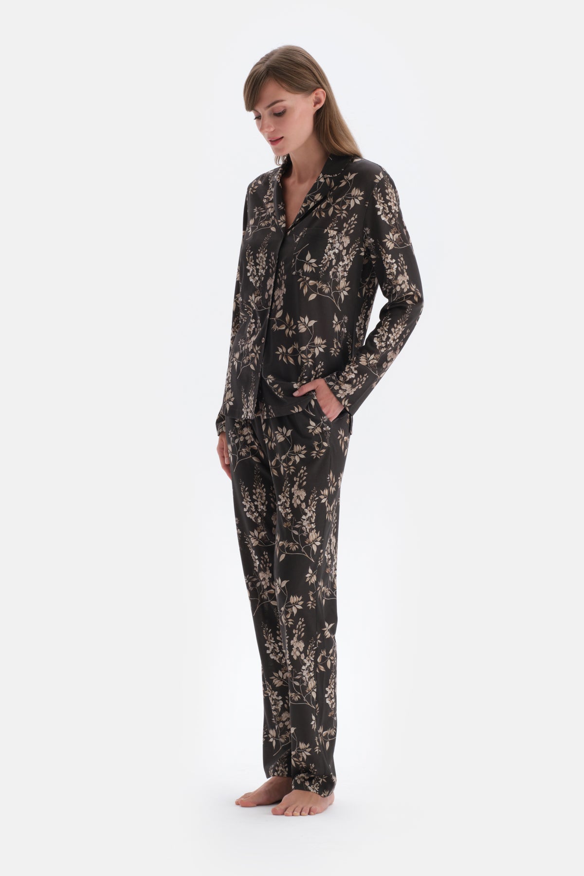 Koyu Kahve Metraj Baskılı Gömlek Pantolon Pijama Takımı