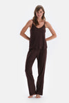 Dark Brown LACE DETAILED ATHLETTE PANTS PAJAMAS SUIT
