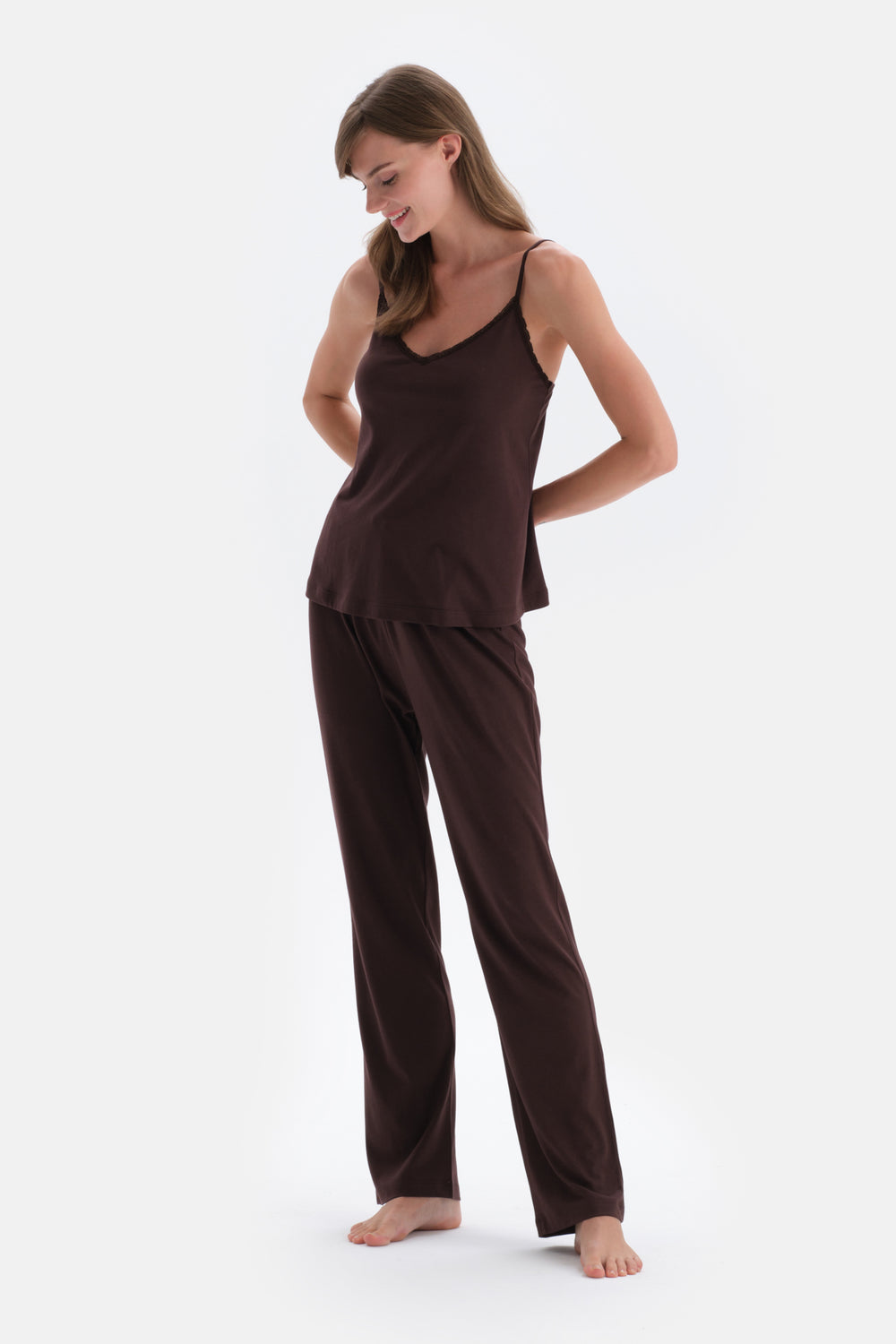 Dark Brown LACE DETAILED ATHLETTE PANTS PAJAMAS SUIT