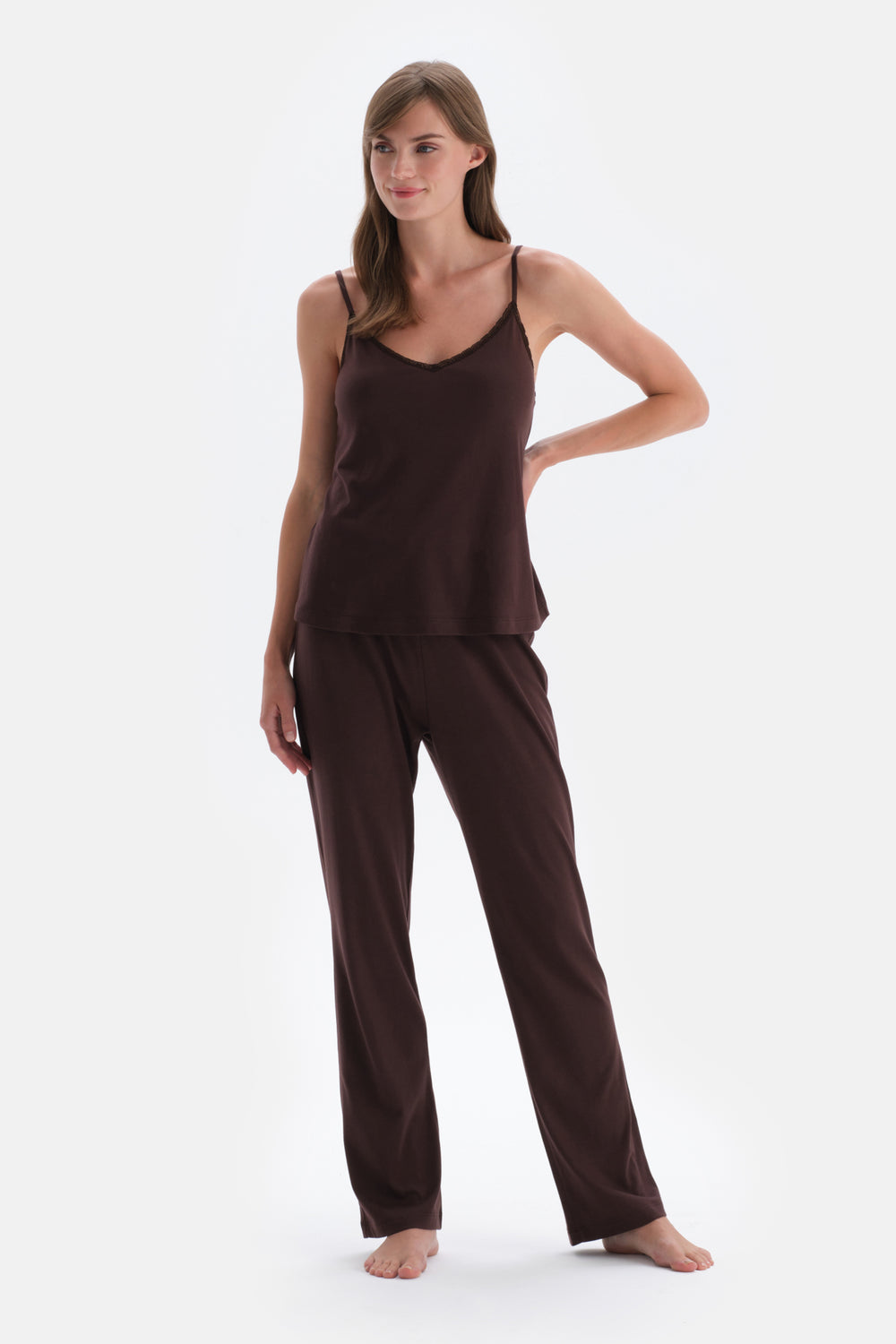 Dark Brown LACE DETAILED ATHLETTE PANTS PAJAMAS SUIT