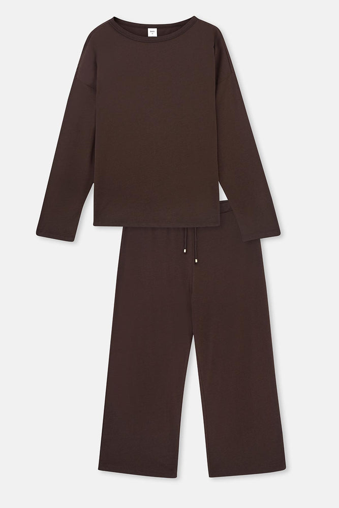 Koyu Kahve Kayık Yaka Basıc Tişört Pantolon Pijama Takımı