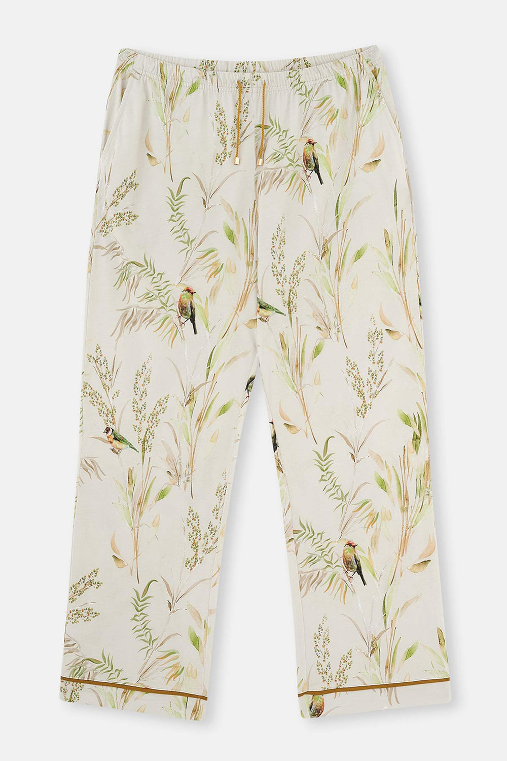 Ekru Metraj Baskılı Paça Bant Detaylı Plus Size Pijama Takımı