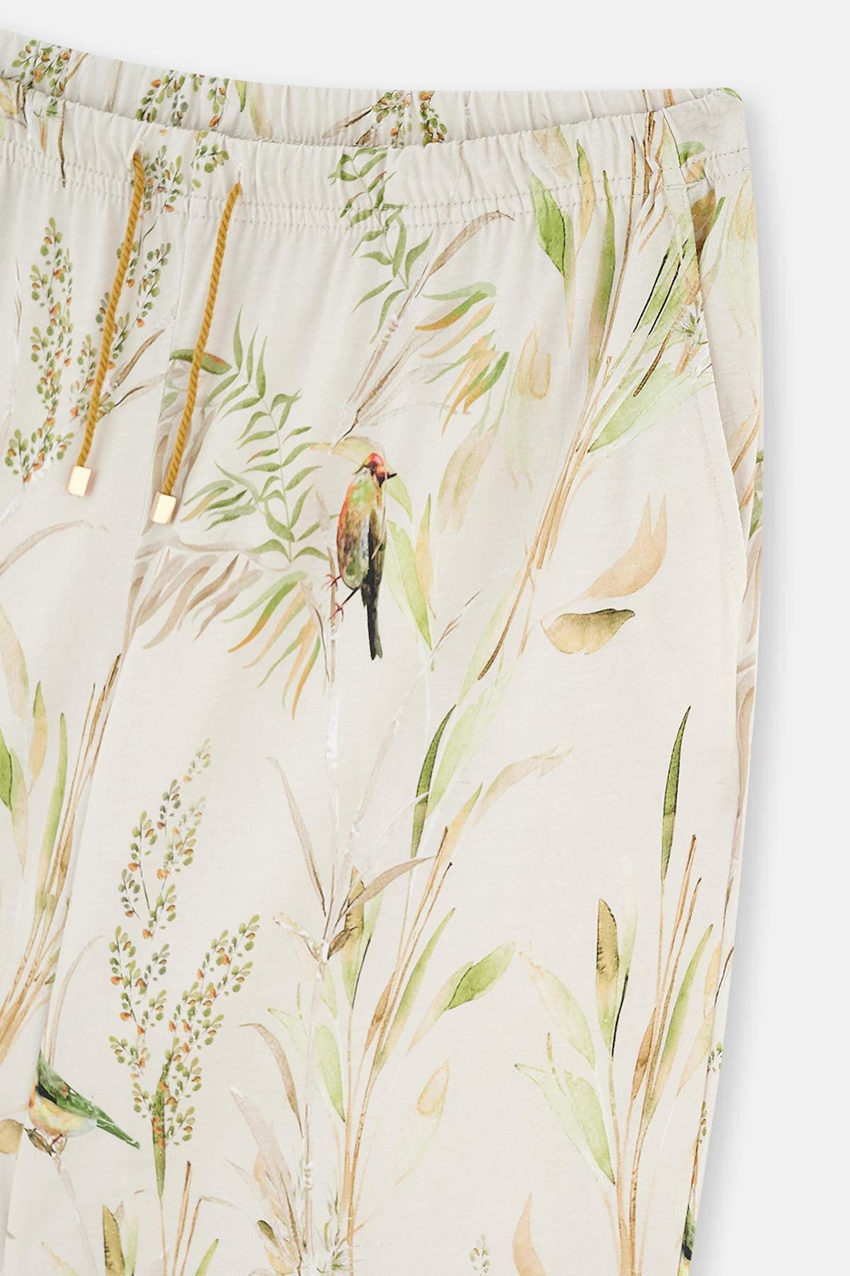 Ekru Metraj Baskılı Paça Bant Detaylı Plus Size Pijama Takımı