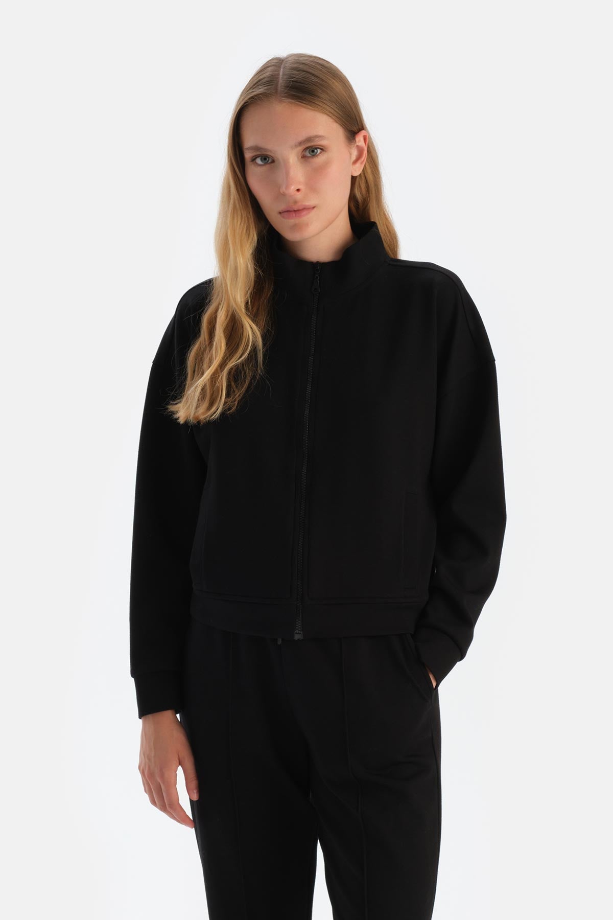 Black HIGH COLLAR ZIPPER MODAL SWEATSHIRT