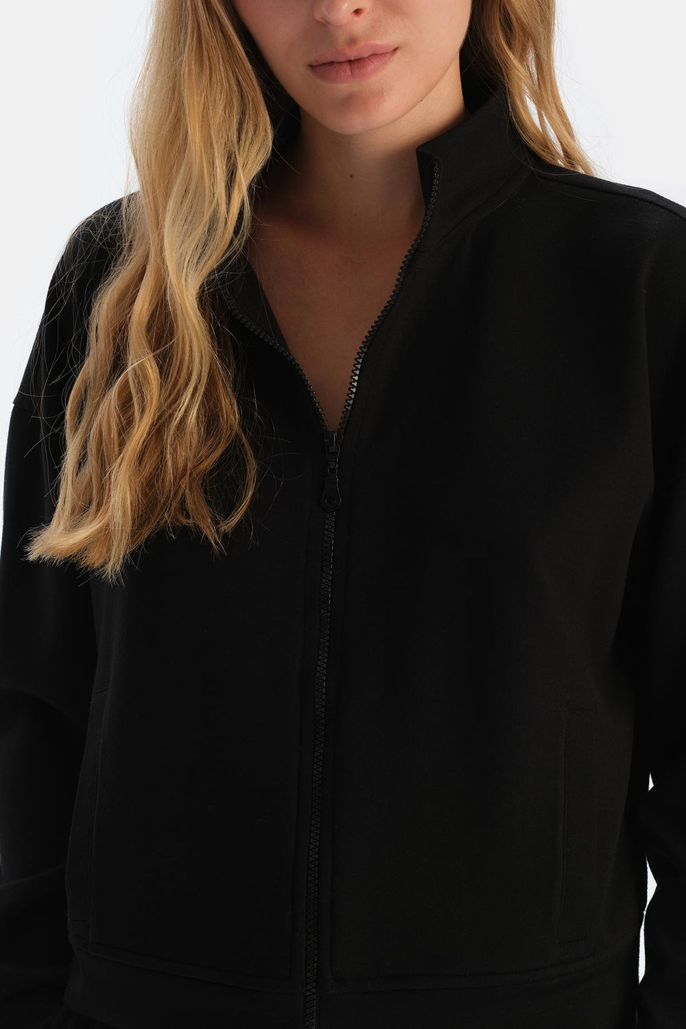 Black HIGH COLLAR ZIPPER MODAL SWEATSHIRT