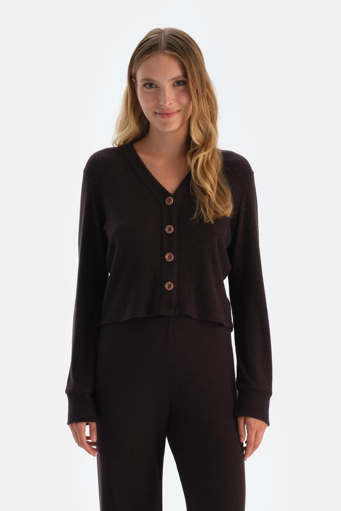 Koyu Kahve Kaşkorse Düğmeli Hırka