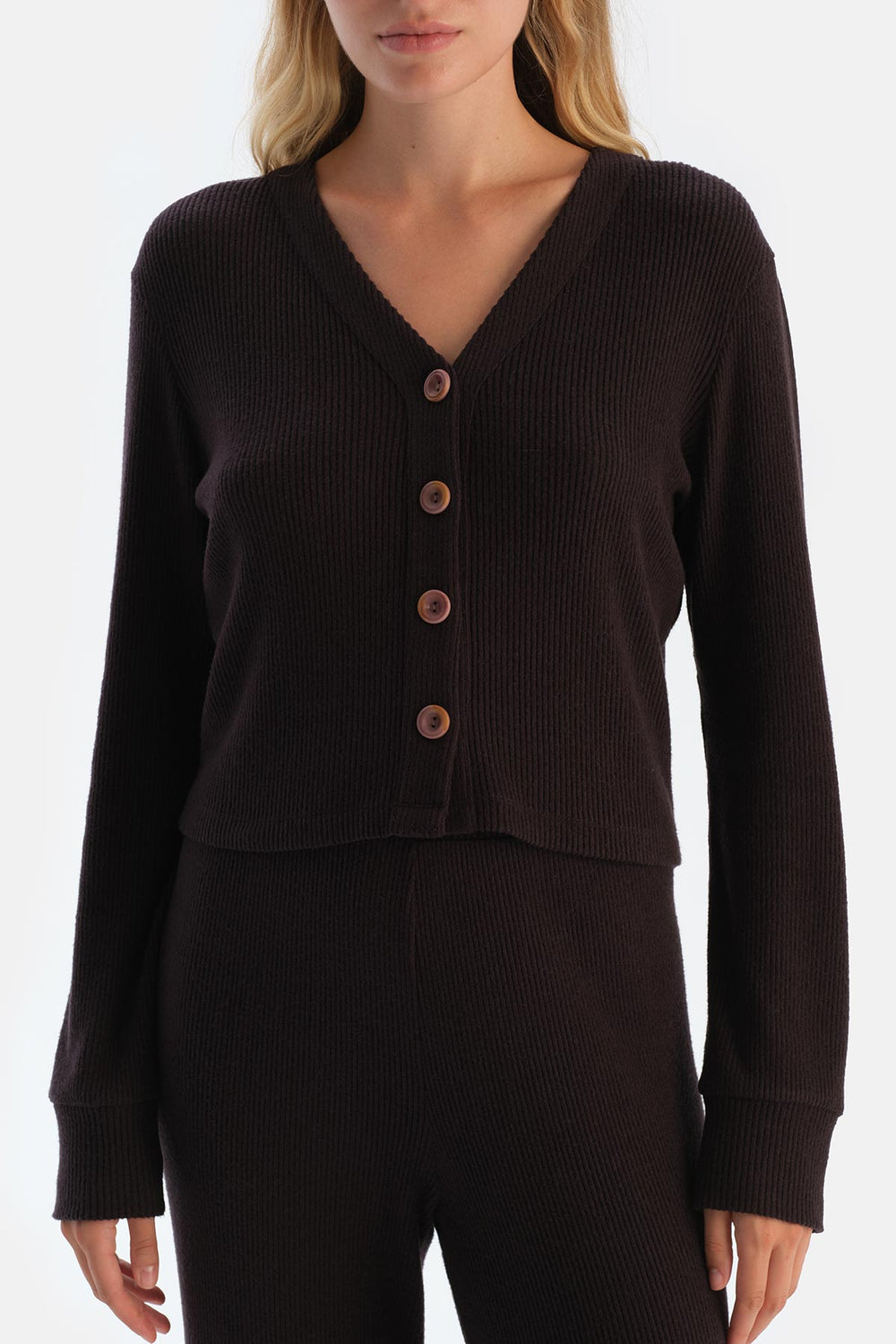 Koyu Kahve Kaşkorse Düğmeli Hırka