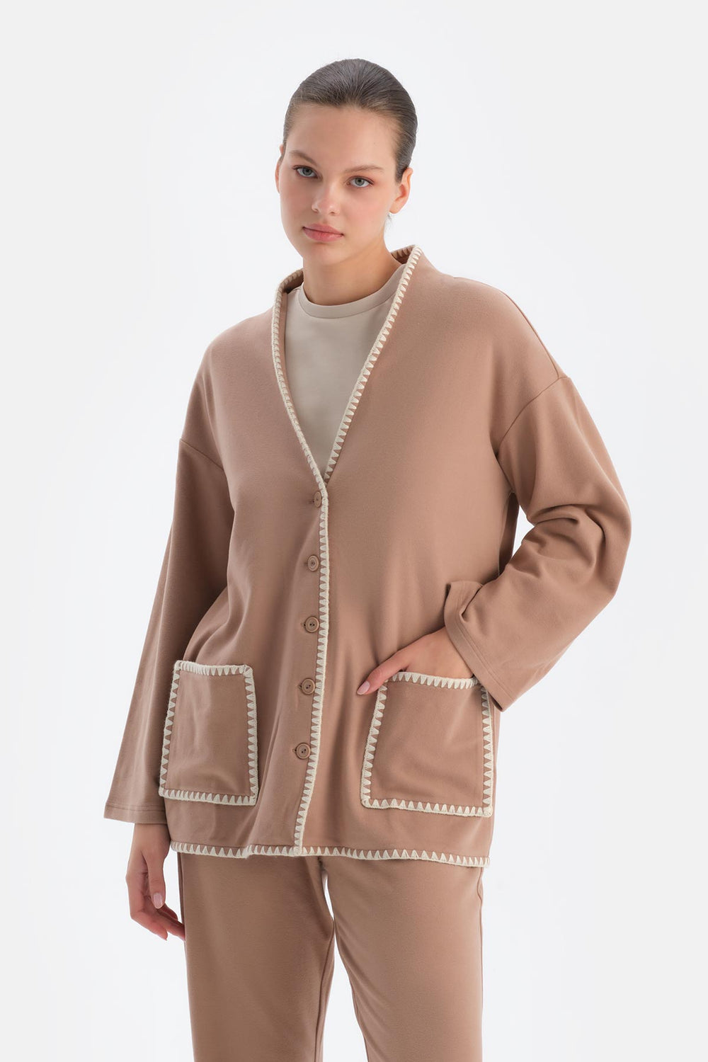 Light Brown LONG SLEEVE CARDIGAN WITH POCKETS