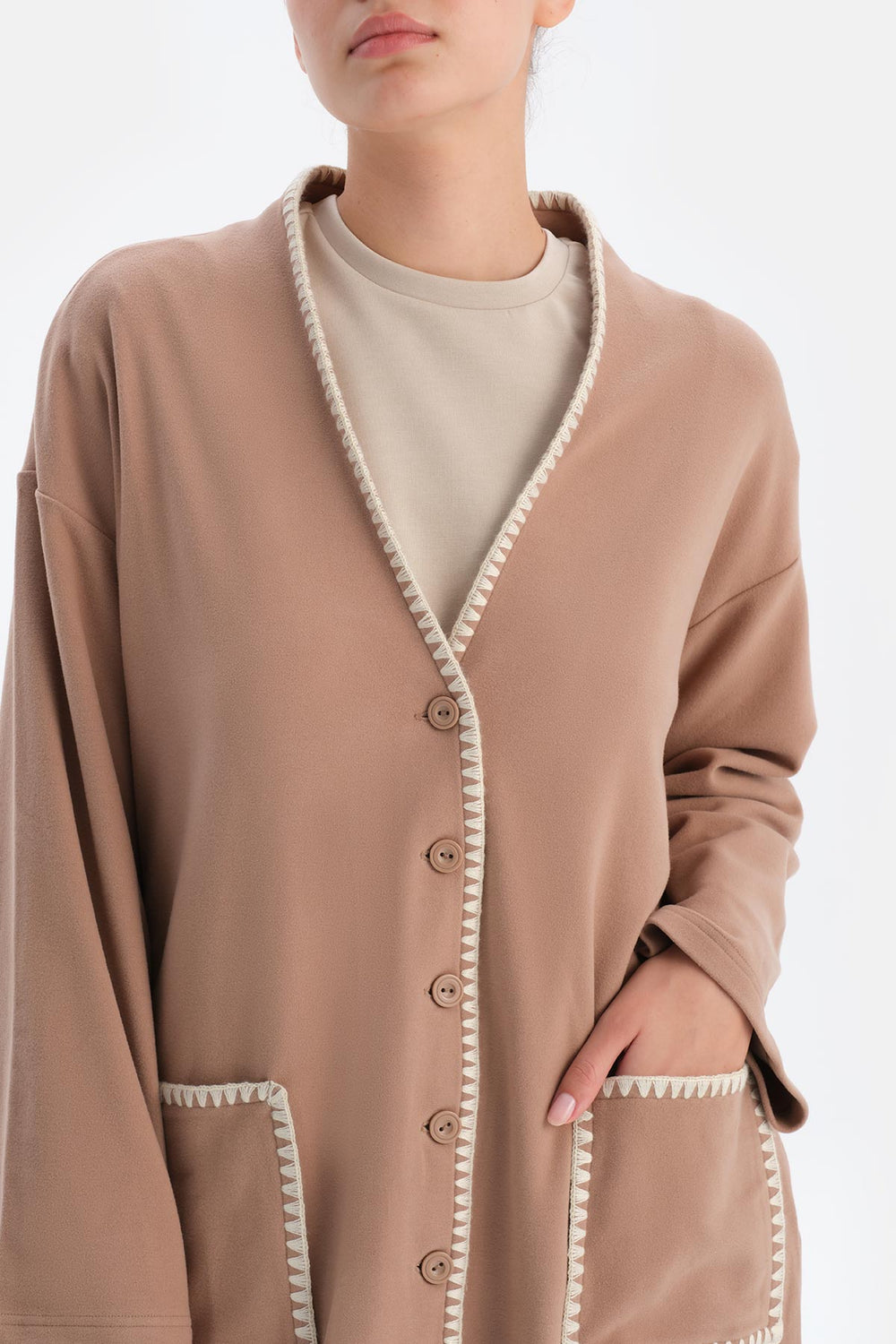 Light Brown LONG SLEEVE CARDIGAN WITH POCKETS