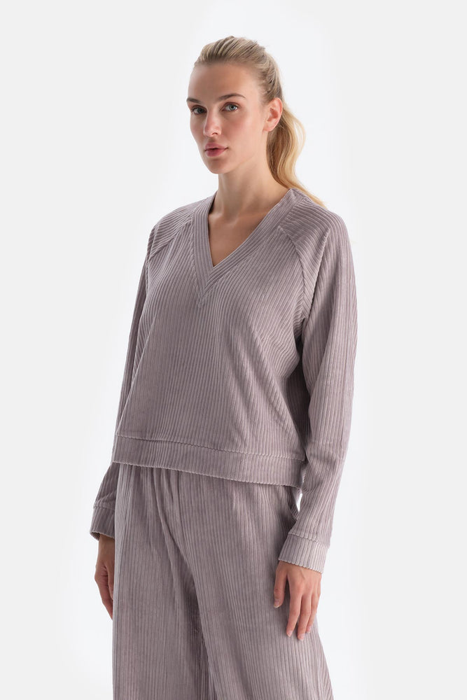 Light Lilac V-NECK LONG SLEEVE VELVET SWEATSHIRT