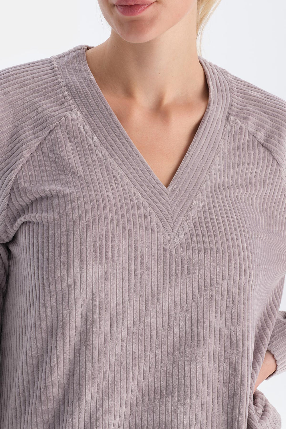 Light Lilac V-NECK LONG SLEEVE VELVET SWEATSHIRT