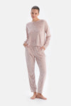 Pudra Mıkroprınt Baskılı Uzun Kollu Kadife Pijama Takımı