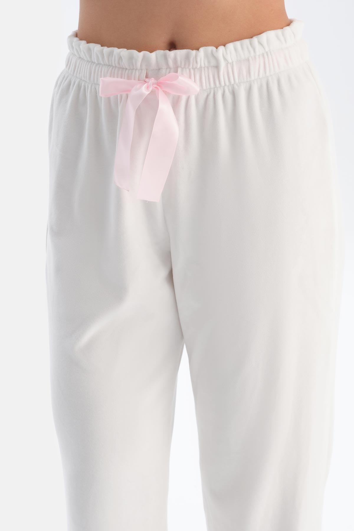 Ekru Baskı Detaylı Uzun Kollu Kadife Pijama Takımı