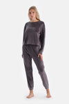 Grey EMBROIDERY DETAILED LONG SLEEVE VELVET PAJAMAS