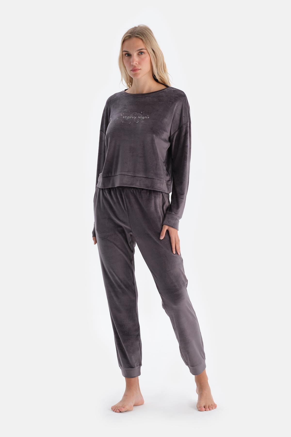 Grey EMBROIDERY DETAILED LONG SLEEVE VELVET PAJAMAS