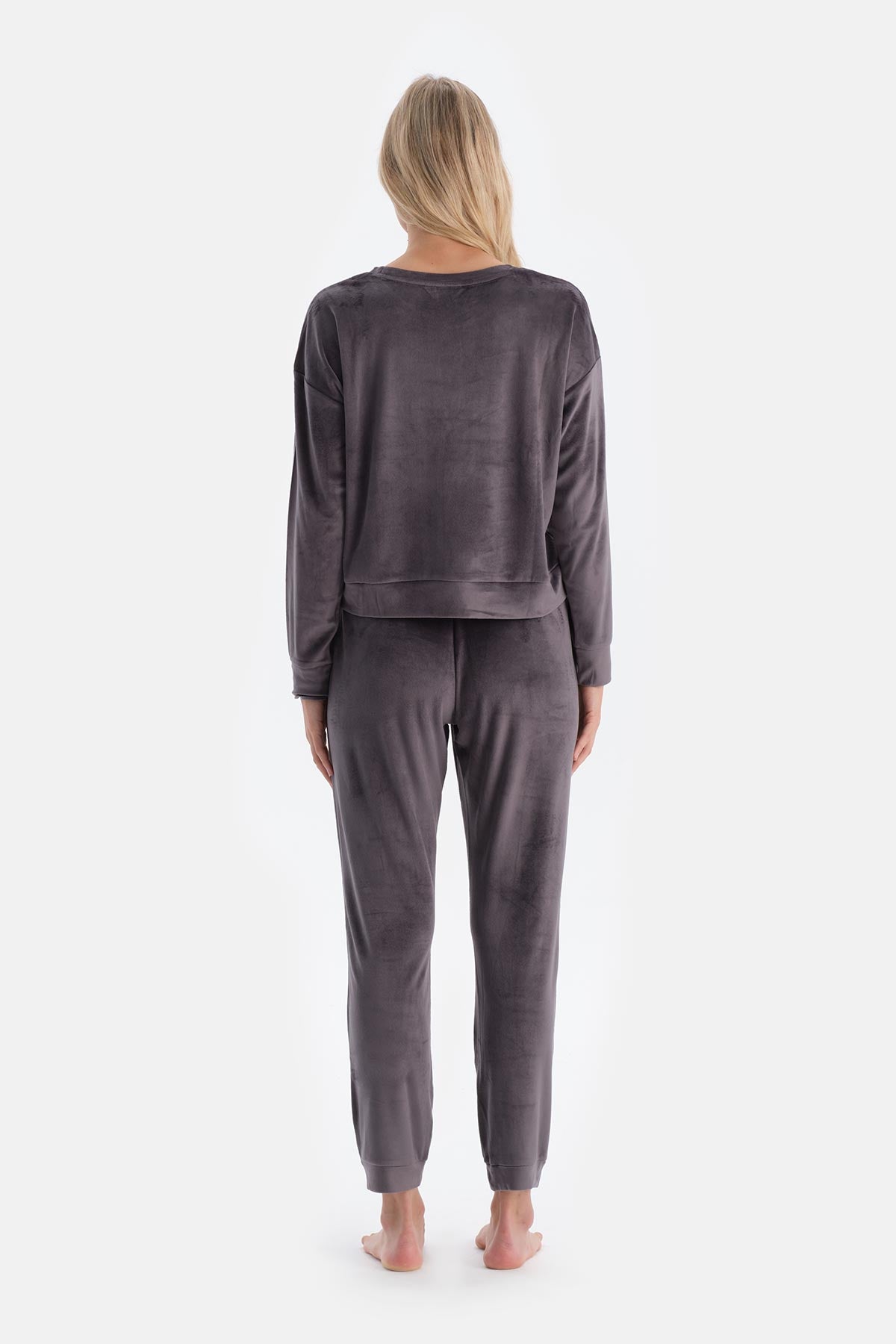 Grey EMBROIDERY DETAILED LONG SLEEVE VELVET PAJAMAS