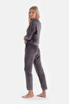 Grey EMBROIDERY DETAILED LONG SLEEVE VELVET PAJAMAS