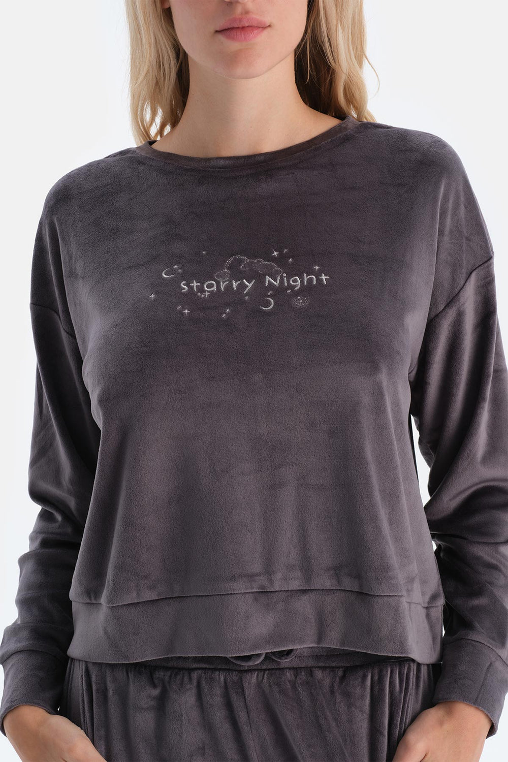 Grey EMBROIDERY DETAILED LONG SLEEVE VELVET PAJAMAS