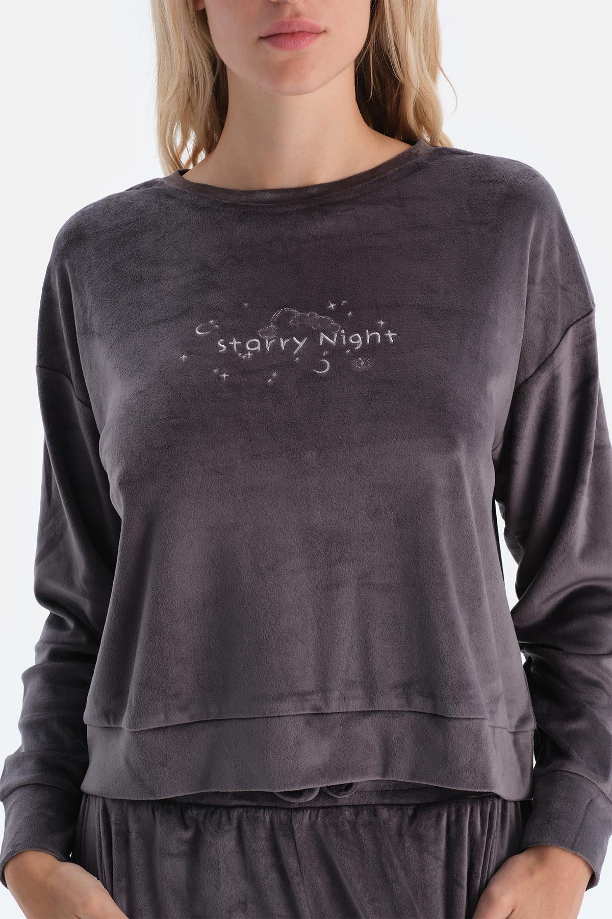 Grey EMBROIDERY DETAILED LONG SLEEVE VELVET PAJAMAS