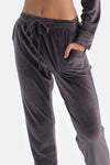 Grey EMBROIDERY DETAILED LONG SLEEVE VELVET PAJAMAS