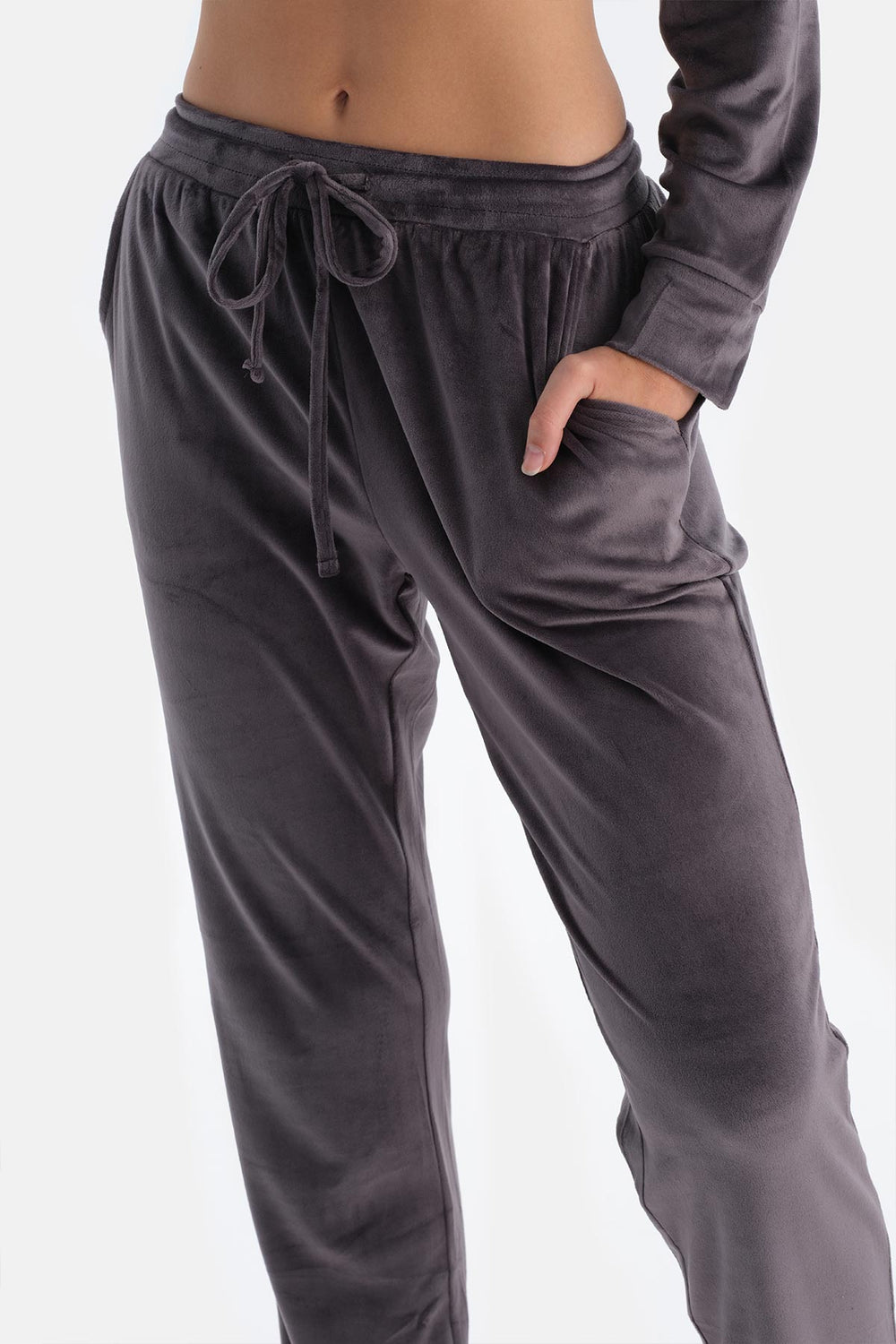 Grey EMBROIDERY DETAILED LONG SLEEVE VELVET PAJAMAS