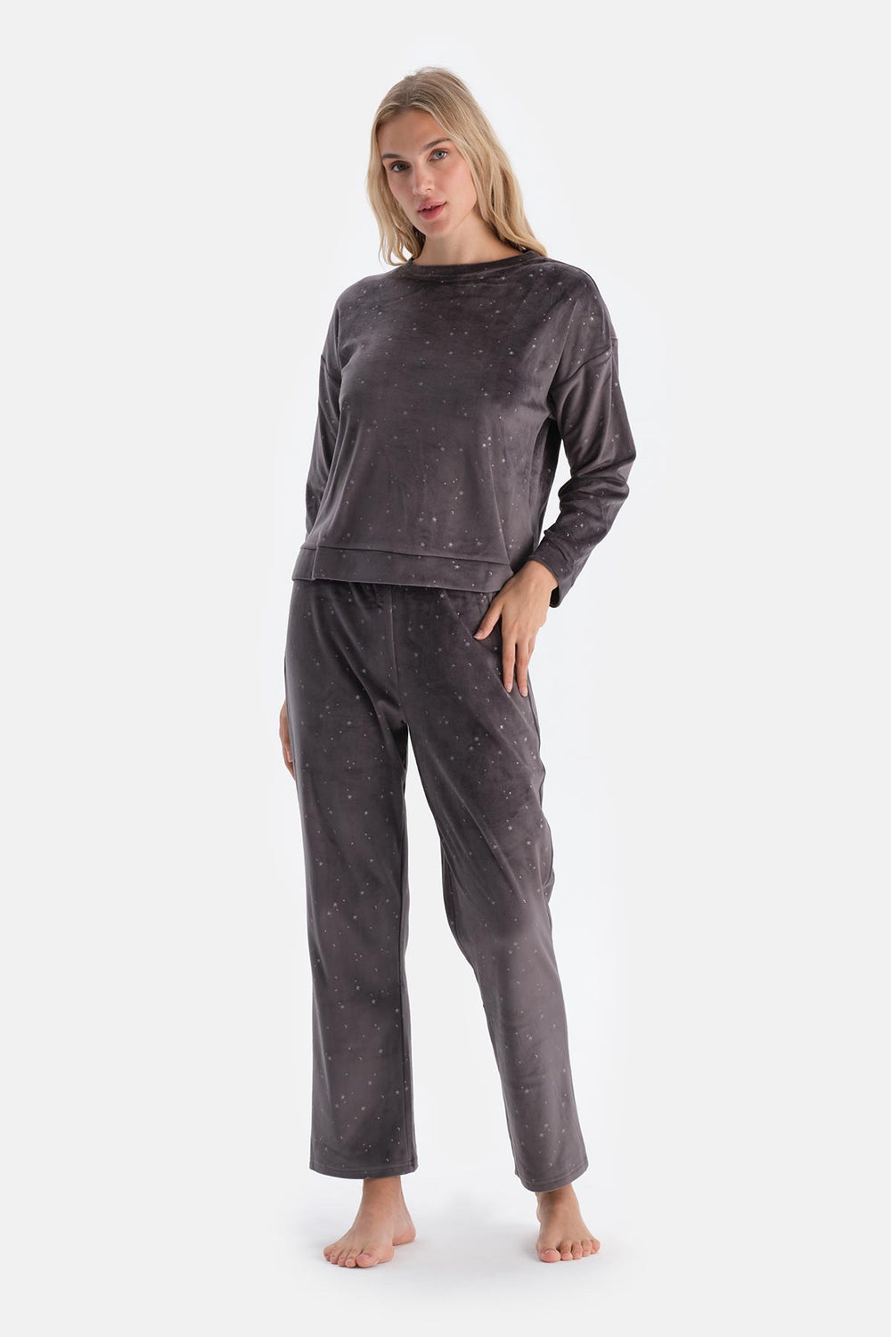 Black BRIGHT STAR PRINTED LONG SLEEVE VELVET PAJAMA SET