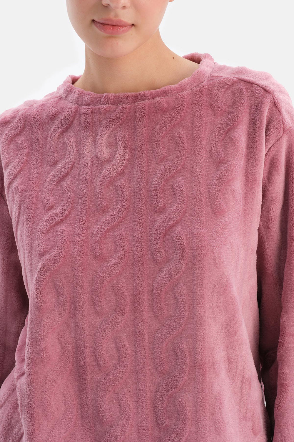 Gül Kurusu Örgü Detaylı Uzun Kollu Pijama Takımı